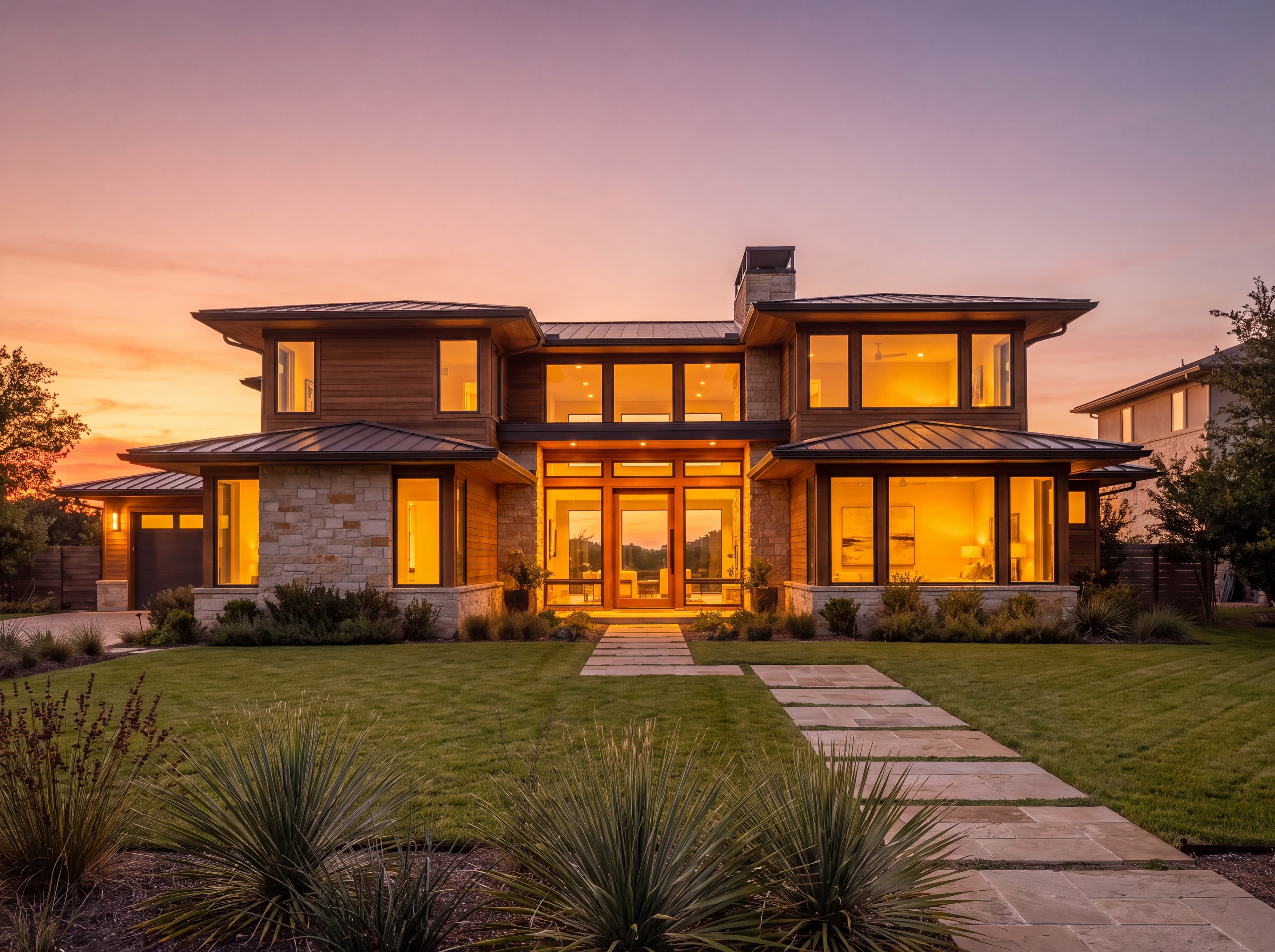 A warm modern home at dusk