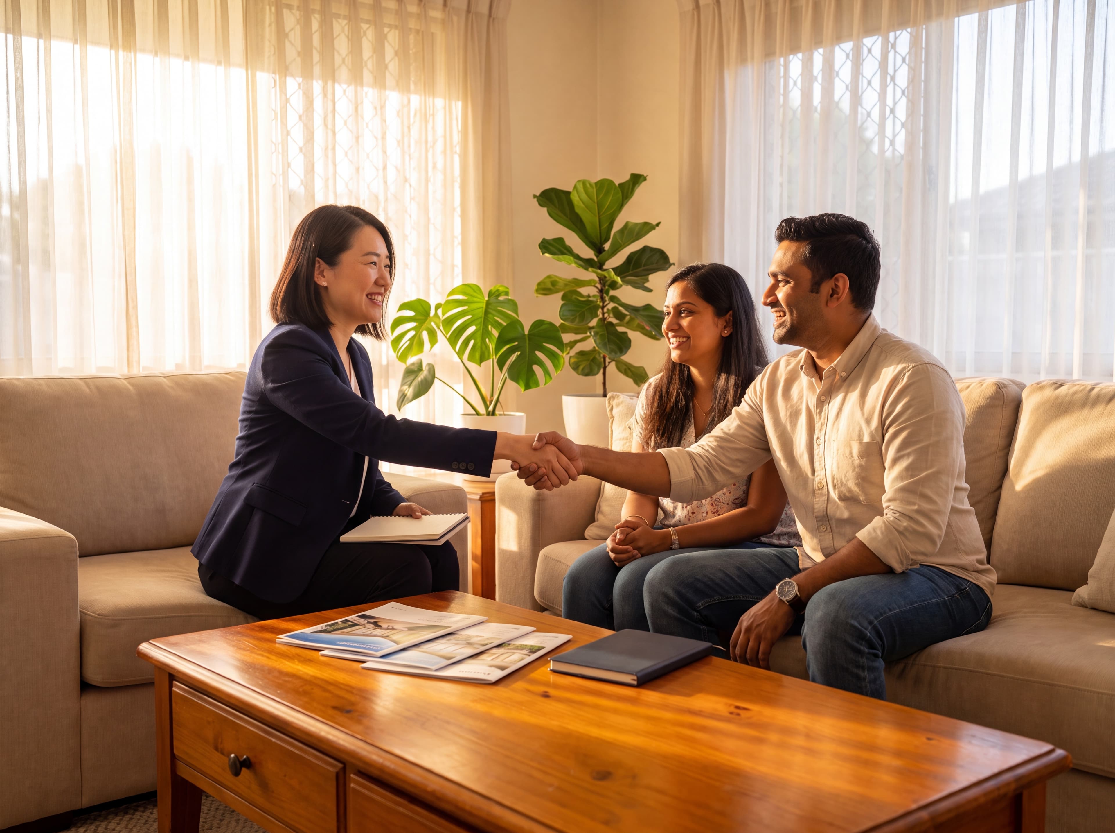A couple shaking hands with their Key2 Mortgages advisor